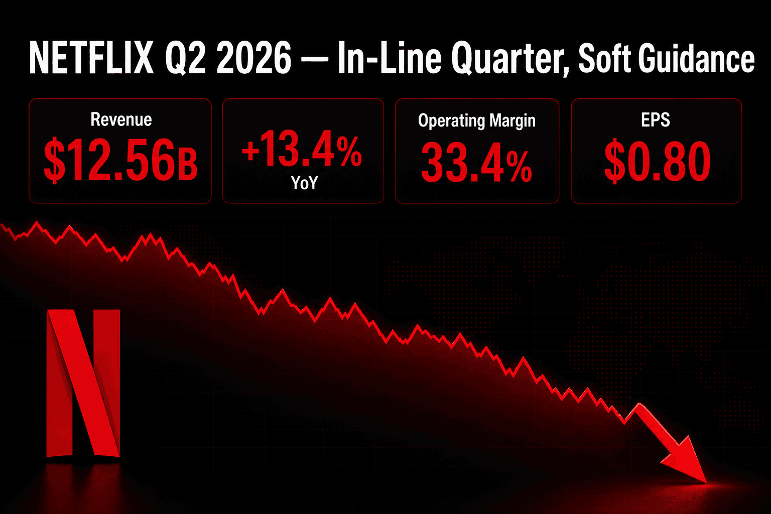 Netflix の 2026 年 Q2 のカバー画像。Netflix レッドとブラックを基調に、上昇する売上の棒グラフと、右端で急伸したのち下落する株価の線を描く。見出しは「Netflix Q2 2026: In-Line Quarter, Soft Guidance」、数値は売上 $12.56B と営業利益率 33.4%。